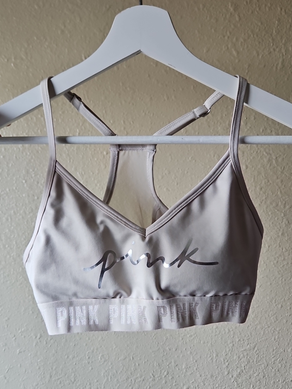 PINK Victoria's Secret Light Beige Bralette with Pink Logo Script